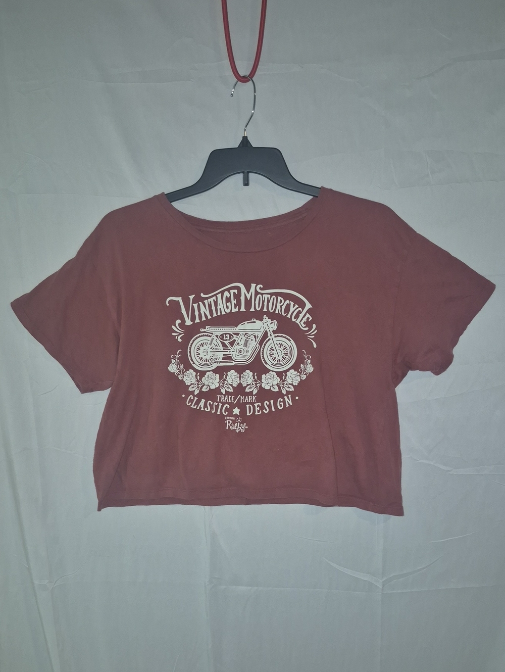 Vintage Motorcycle Graphic Crop Top - Maroon Short Sleeve Retro Top